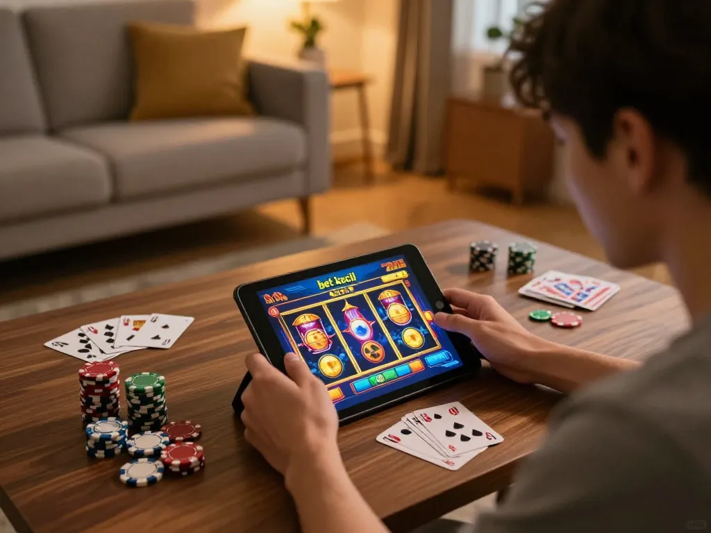 Player enjoying bet kecil options while engaging with vibrant online slot games on tablet in a cozy setting