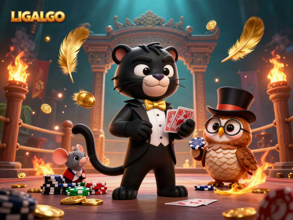 LIGALGO illuminates a vibrant casino scene with a stylish black panther dealing cards and an owl with poker chips.