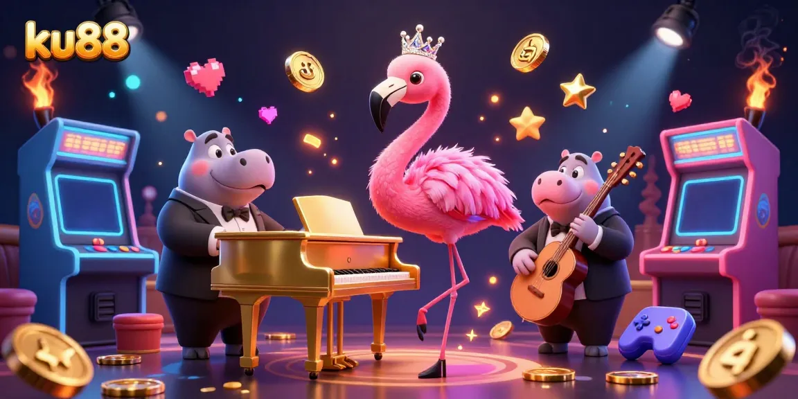 Experience the vibrant world of ku88 with lively characters singing at a casino filled with gaming excitement.
