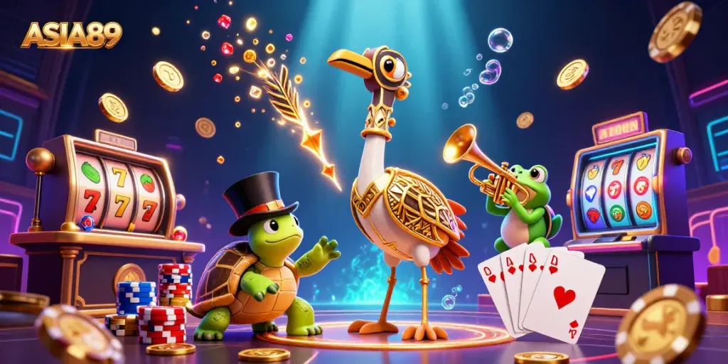 Experience winning excitement at ASIA89 with vibrant 3D casino elements featuring slot reels and animated characters.