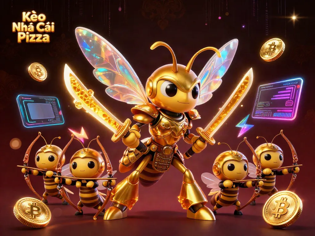 Kèo Nhà Cái Pizza showcases a vibrant scene with a golden hornet samurai and bee archers in a dynamic casino setting.
