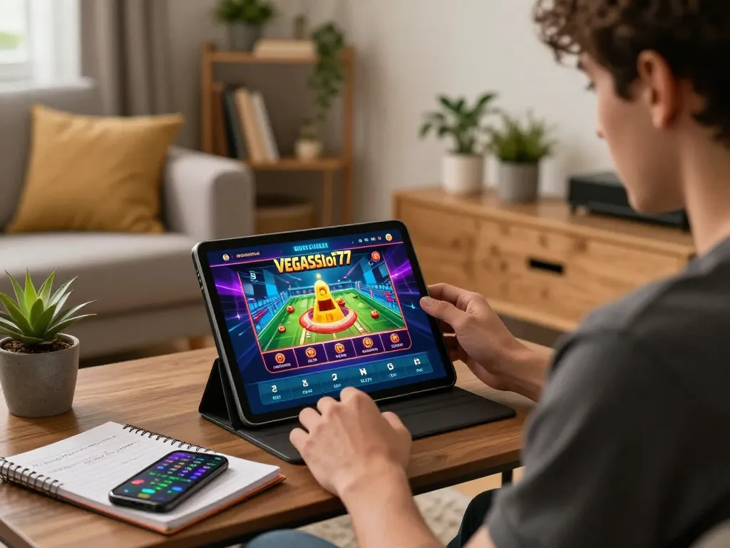 Engaging online gaming experience at vegasslot77 with tablet gameplay and stylish home setup.