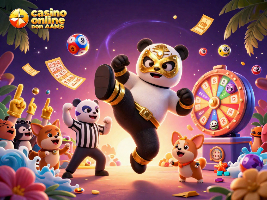 In azione nei casino online non AAMS, un panda lotta mentre una folla di animali sostiene con le mani e il gioco avanza.