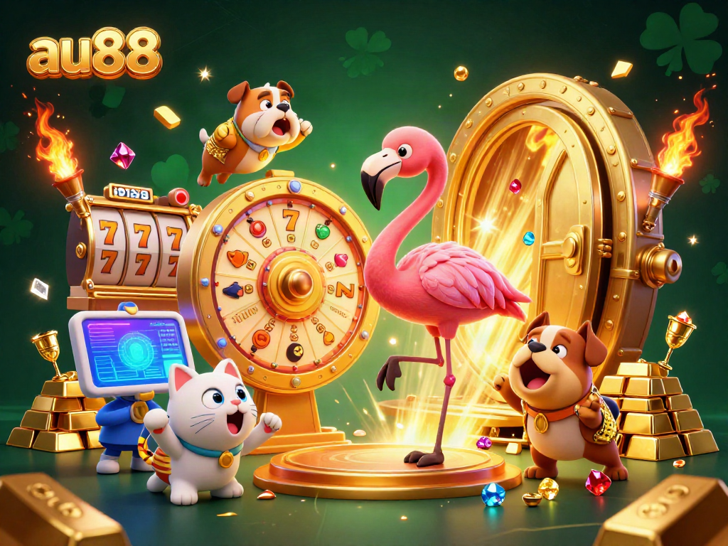 Experience the excitement of au88 with a dynamic game show scene featuring a flamingo host, excited bulldog contestant, and stunning prize wheel.