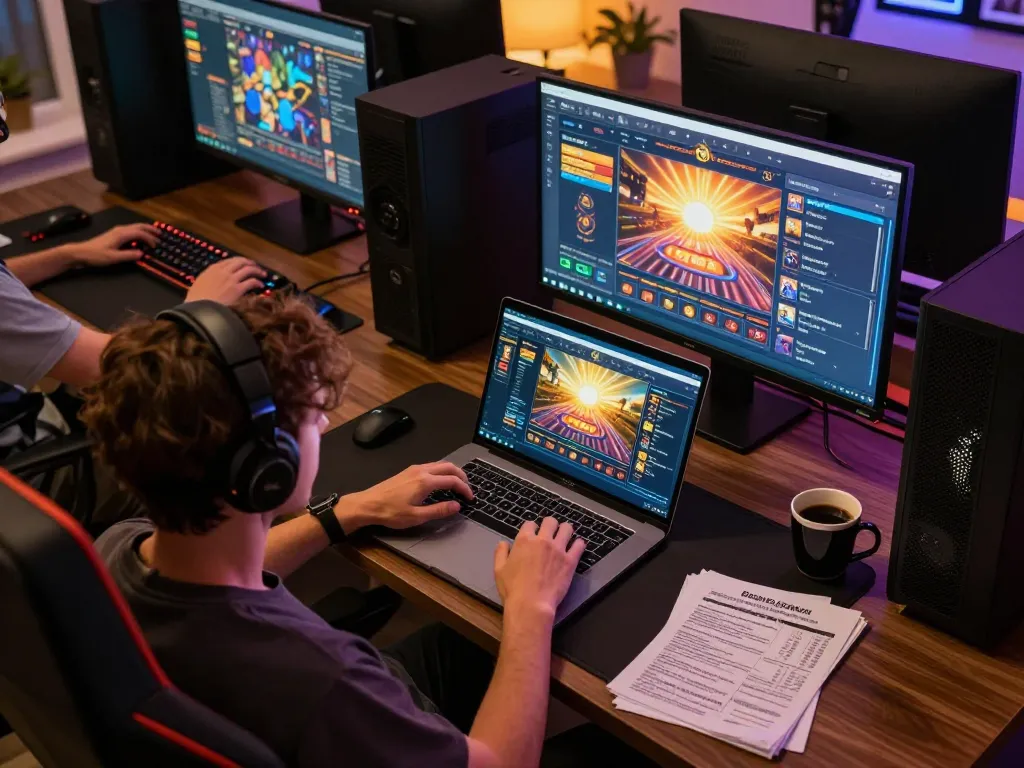 Engaged player exploring sun win online casino interface on a laptop, showcasing responsible gaming setup.