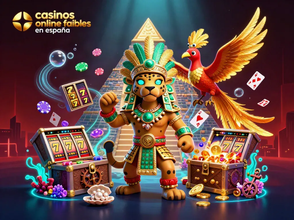 Explora casinos online fiables en España con la ilustración vibrante de un sacerdote jaguar y un quetzal, rodeados de elementos de juego
