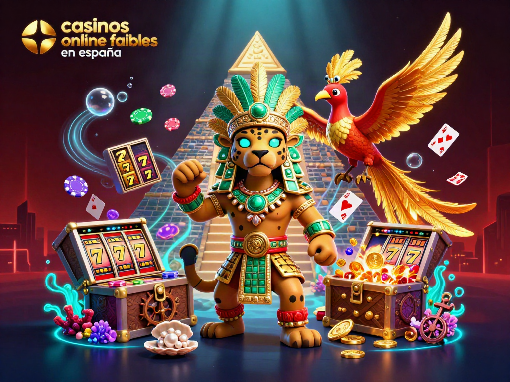 Explora casinos online fiables en España con la ilustración vibrante de un sacerdote jaguar y un quetzal, rodeados de elementos de juego