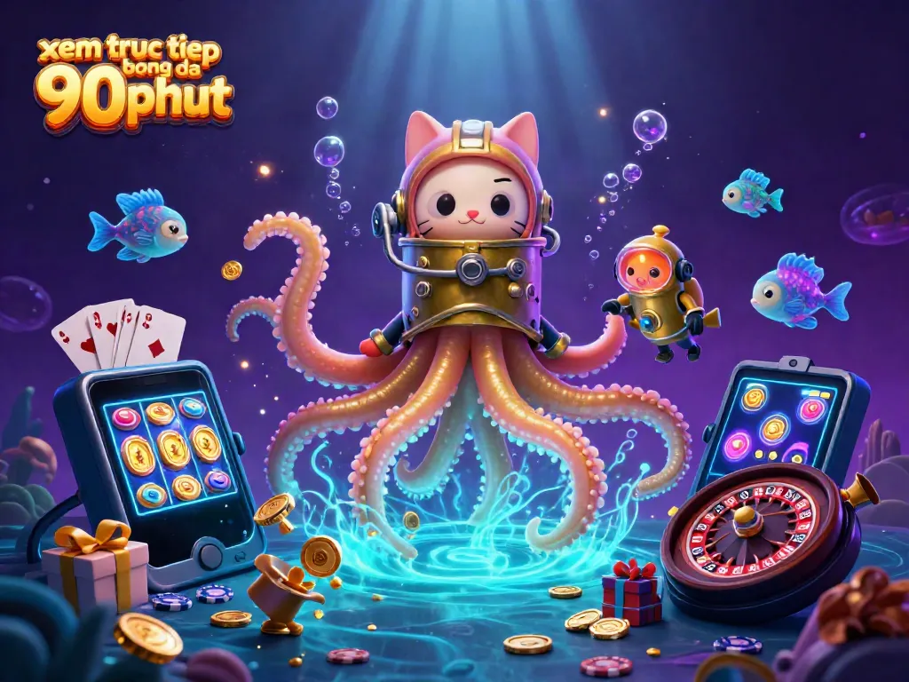 Experience the excitement of xem truc tiep bong da 90phut with cartoon kraken and vintage diving cat, capturing thrilling moments in a bustling gaming scene.