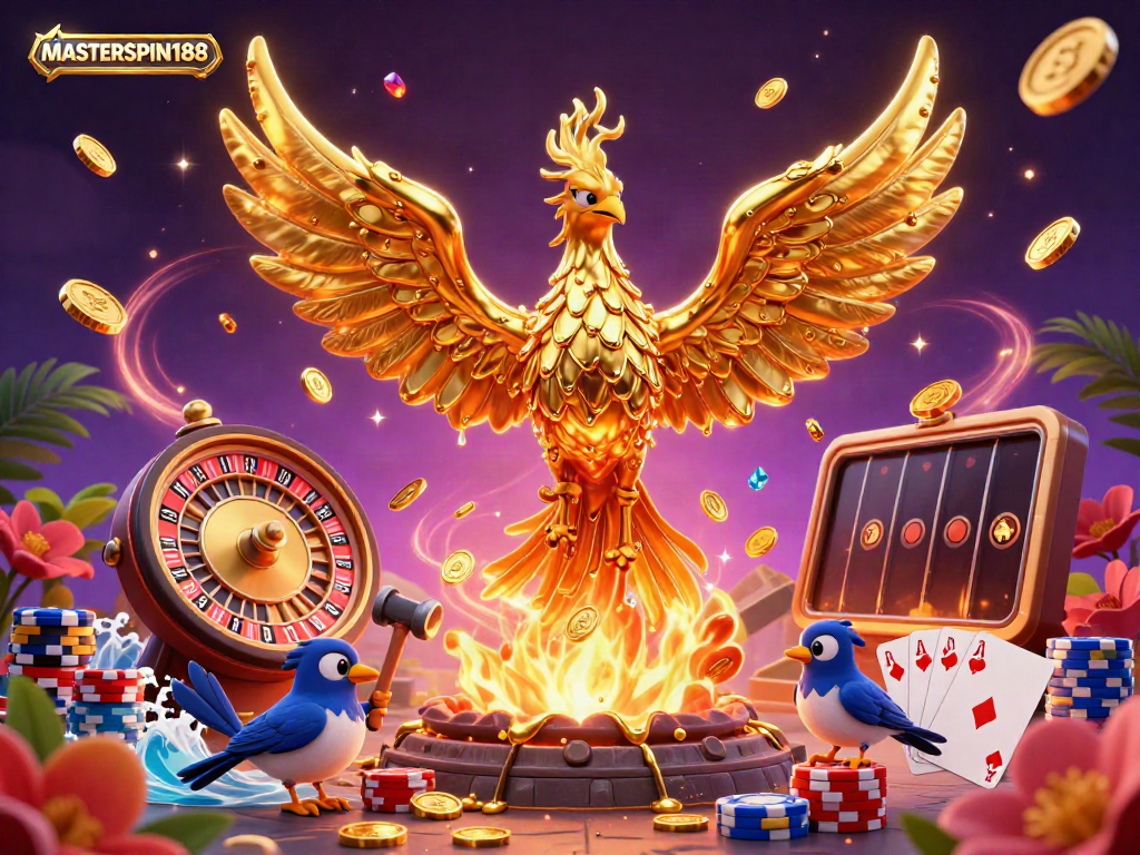 Experience the excitement of MASTERSPIN188 with a phoenix soaring above golden winnings in a vibrant online casino scene.