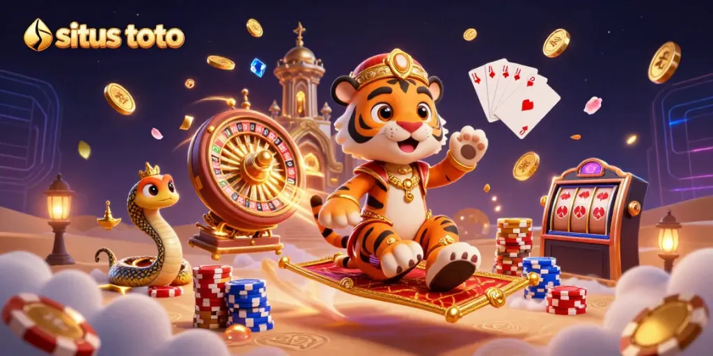 Experience the thrill of situs toto with a vibrant, dynamic casino scene featuring a lavish tiger sultan on a flying carpet.