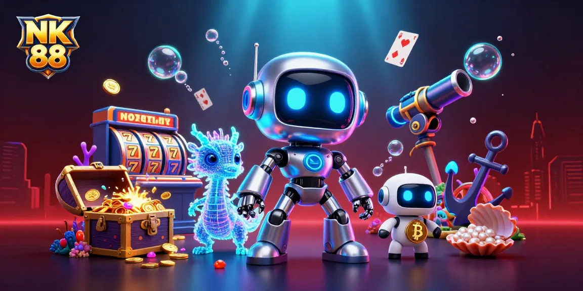 Engage with NK 88 in a vibrant 3D casino scene, featuring colorful slot reels and treasure