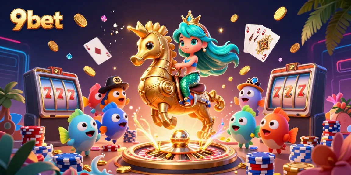 Win big with 9bet's enchanting gaming scene featuring vivid 3D characters and casino elements.