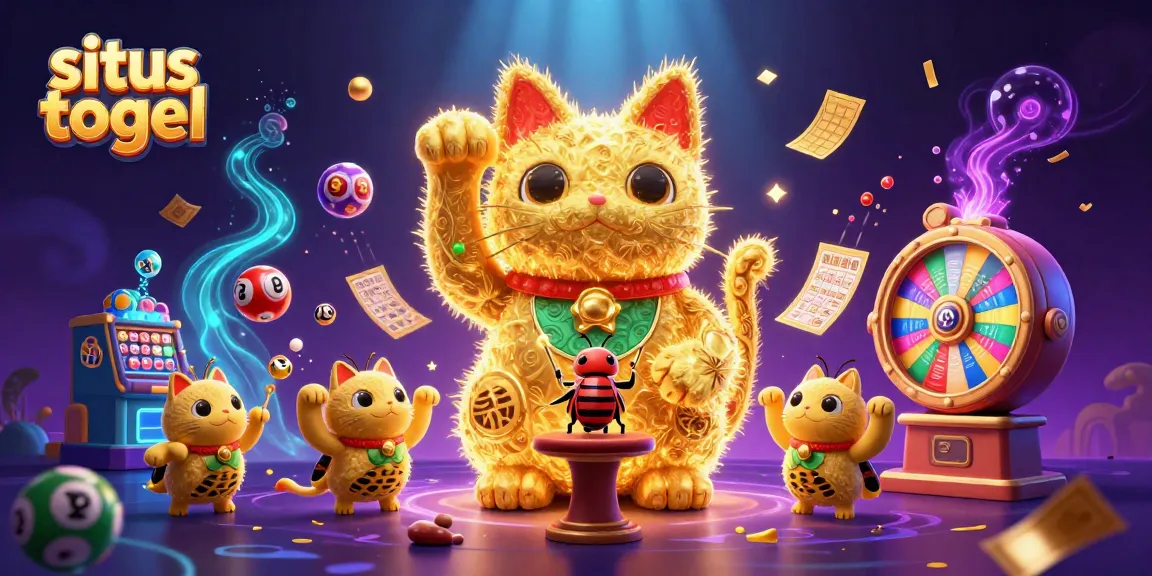 Engage in situs togel with a vibrant lottery scene showcasing a lucky cat and colorful elements.