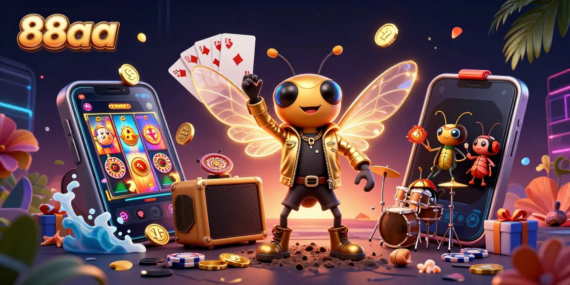 Engage in thrilling gameplay at 88aa, featuring a dynamic 3D cartoon illustration of slot machines and festive characters.