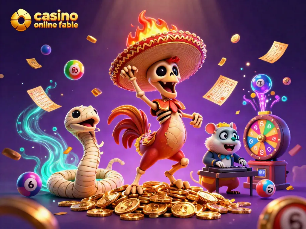 En esta ilustración vibrante, un casino online fiable cobra vida con un esqueleto mariachi y elementos de juego.