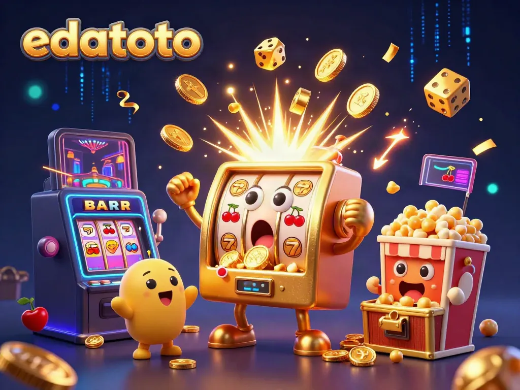 Experience the excitement of edatoto with a cartoon slot machine hitting the jackpot, surrounded by cheering machines and golden coins.