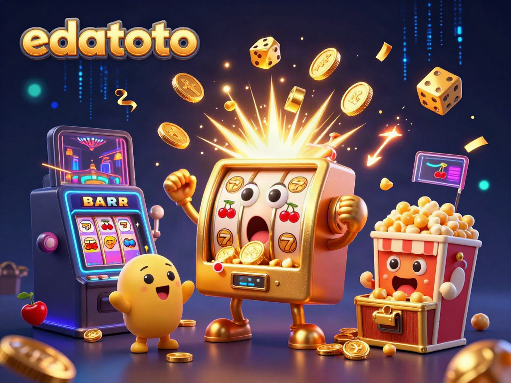 Experience the excitement of edatoto with a cartoon slot machine hitting the jackpot, surrounded by cheering machines and golden coins.