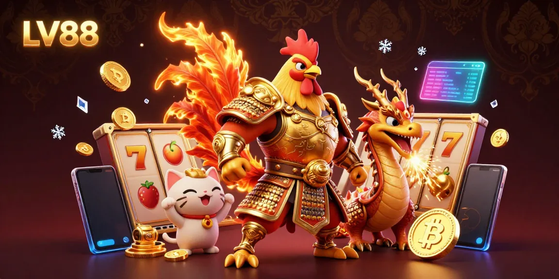 Experience LV88 with a dynamic scene featuring a rooster warrior, dragon hatchling, and vibrant slot game elements.