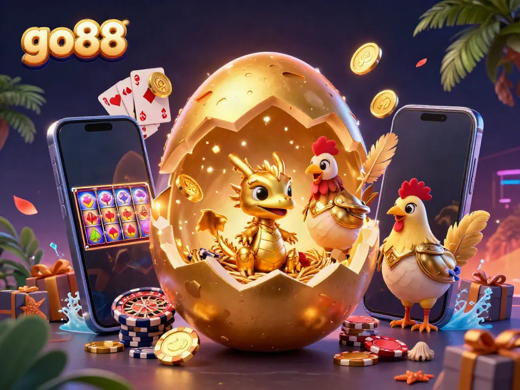 Join the excitement at go88 with a vibrant 3D illustration featuring a golden dragon and poker chip nest.