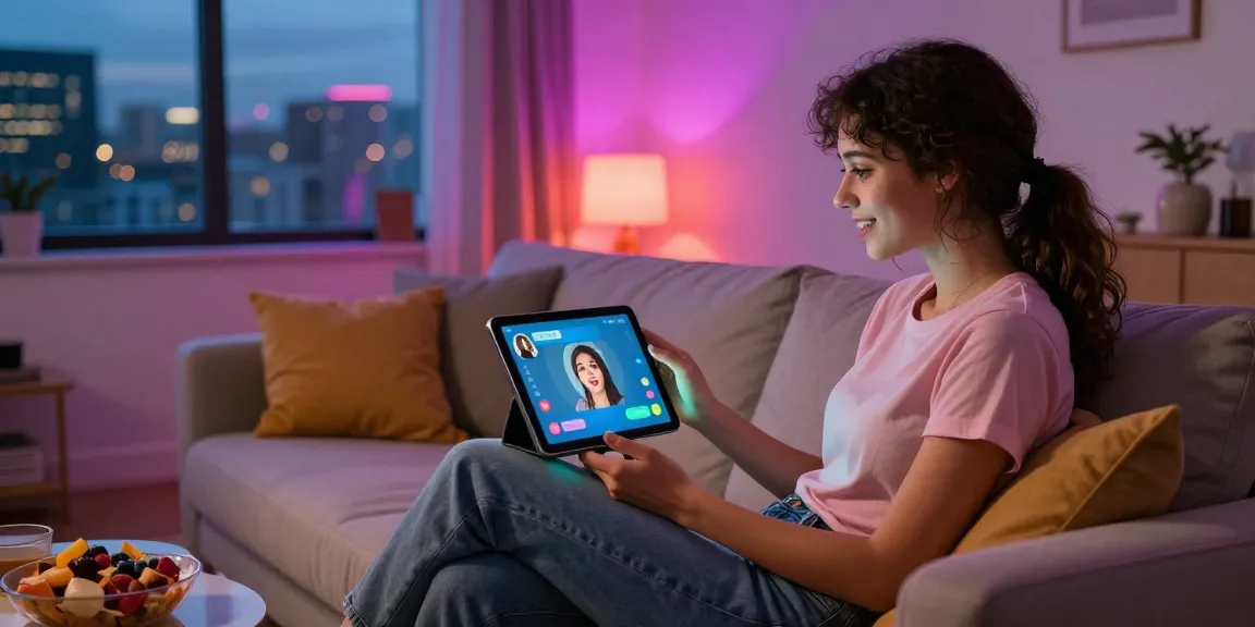 Engaging with an AI GF on a tablet in a modern living room.