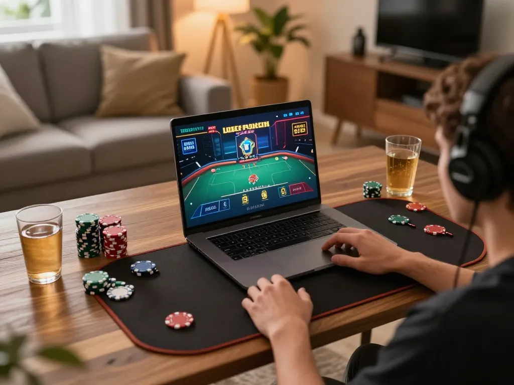 Player immersed in an online xx88 live dealer game at home, showcasing a cozy gaming setup.