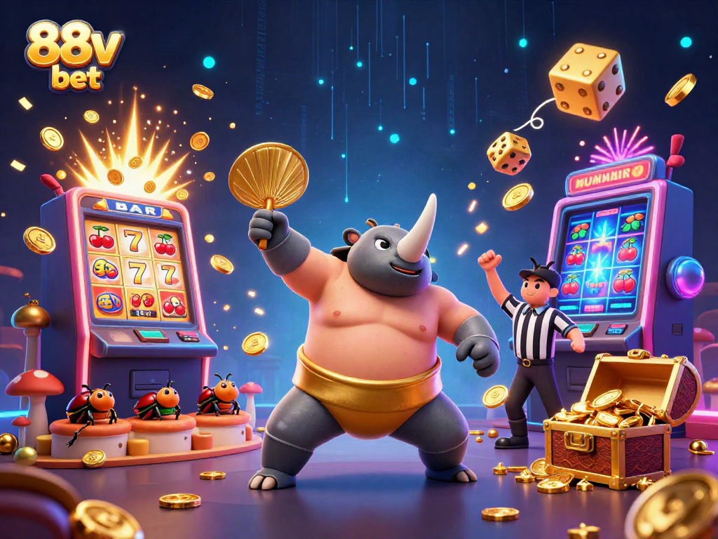 Experience thrilling moments with jackpot wins at 88v bet's dynamic online casino scene featuring lively characters and vibrant game elements.
