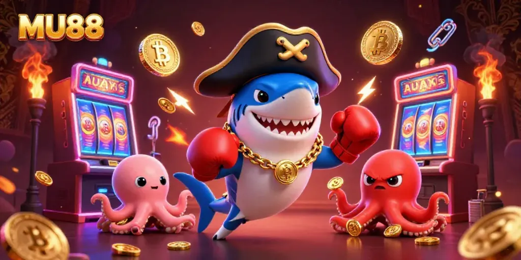 Engage with the thrilling world of MU88 as cartoon characters navigate vibrant slot machines and crypto cash!