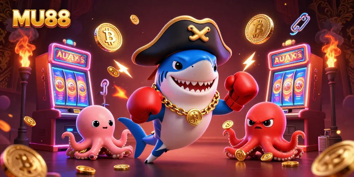 Engage with the thrilling world of MU88 as cartoon characters navigate vibrant slot machines and crypto cash!