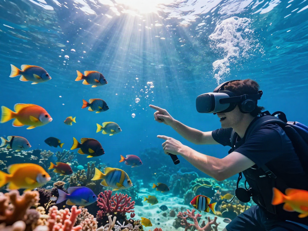 The gamer engaged in lại là Bắn cá đổi thưởng surrounded by vibrant underwater scenery and animated fish.