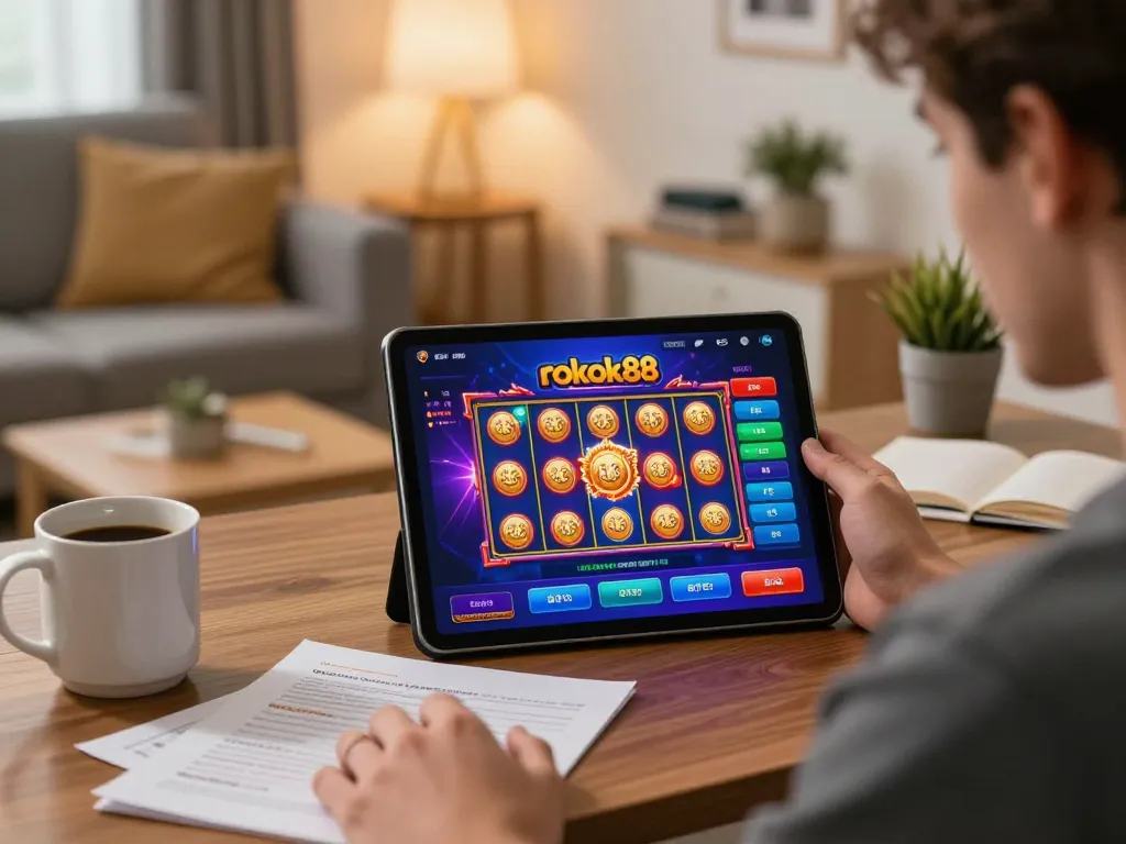Engaging player focused on rokok88 slot game in modern home office with cozy decor.