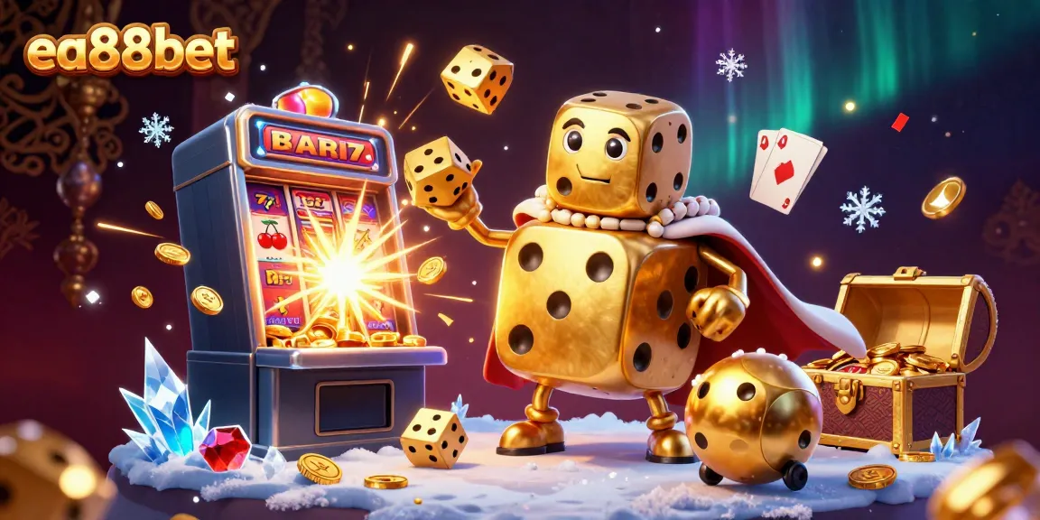 Engaging visual of ea88bet with a golden dice golem and a dynamic slot machine, illustrating casino excitement.