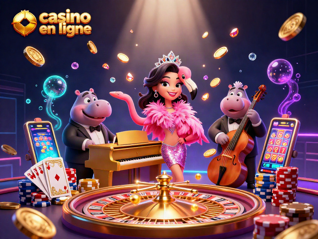 Jouez aux jeux de casino en ligne avec la chanteuse flamant rose et le bassiste hippopotame dans une scène lumineuse.