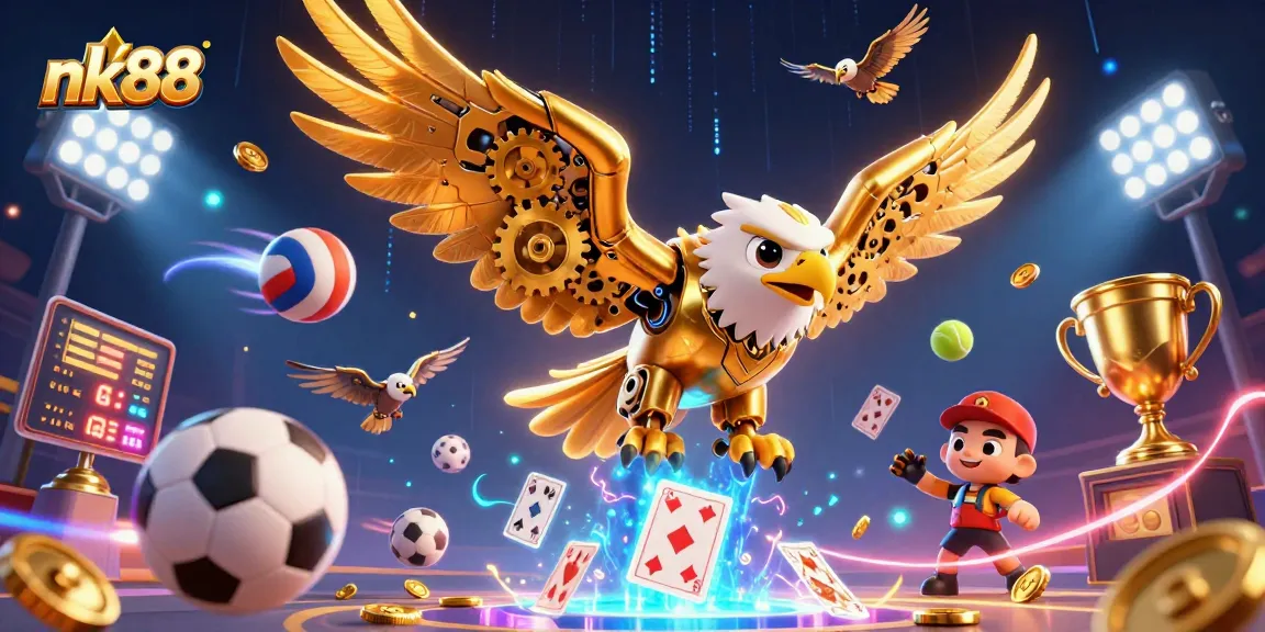 Bet big on nk88 with a cybernetic golden eagle diving through playing cards and sports elements.
