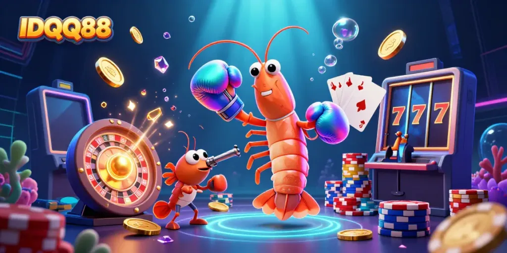 Experience thrilling gameplay at IDQQ88 with a fierce mantis shrimp and action-packed casino elements.