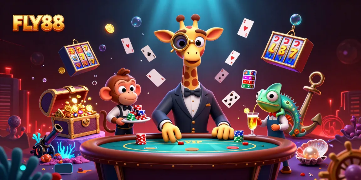 FLY88 high-roller giraffe plays poker with monkey valet, vivid casino scene