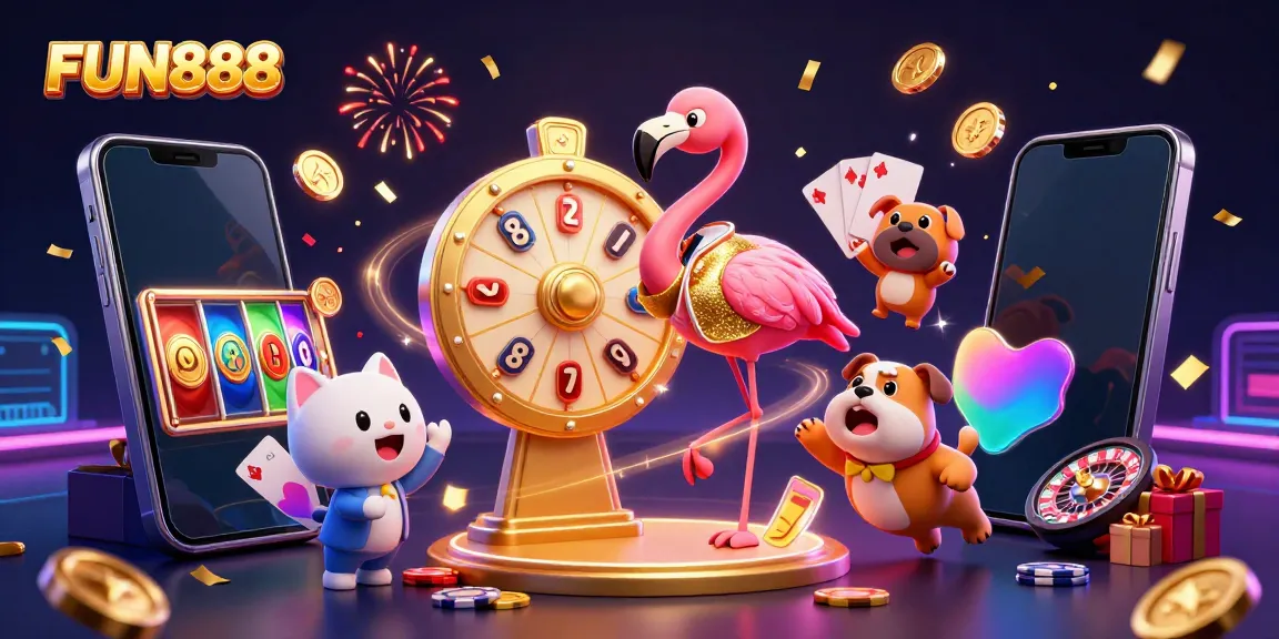 Experience excitement at FUN888 with a bustling casino scene featuring a flamingo host and bulldog contestant.