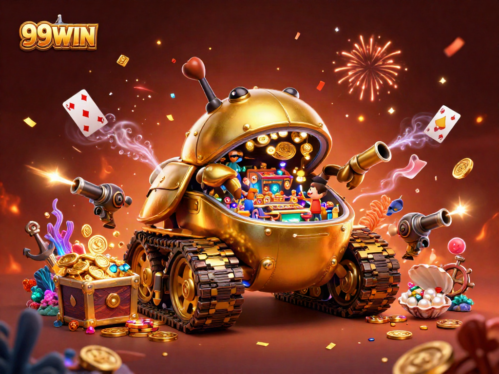 Experience the thrill of 99WIN with a vibrant casino scene bursting with gold coins and excitement.