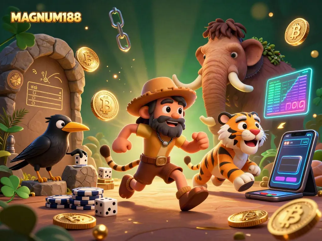 Experience the thrill of MAGNUM188 with a vibrant prehistoric casino scene featuring 3D characters and crypto elements.