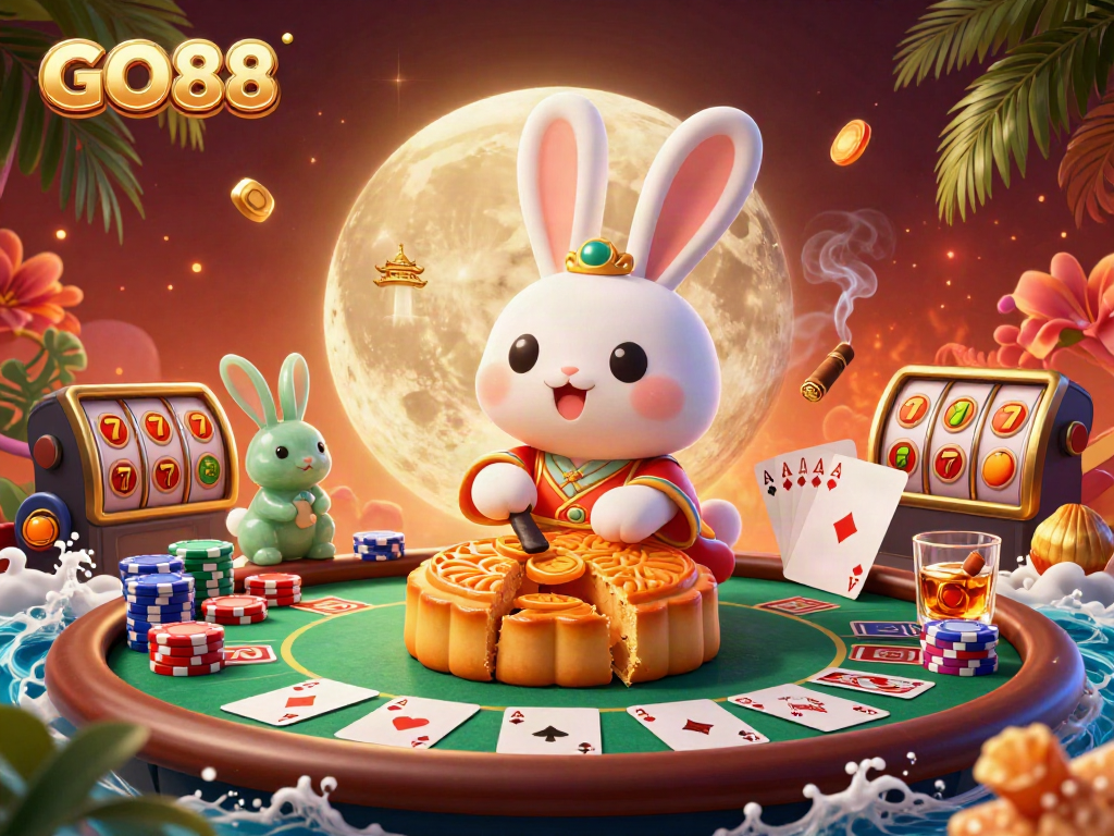 Engage in thrilling gameplay at GO88 with cartoon characters enjoying poker, vibrant casino elements