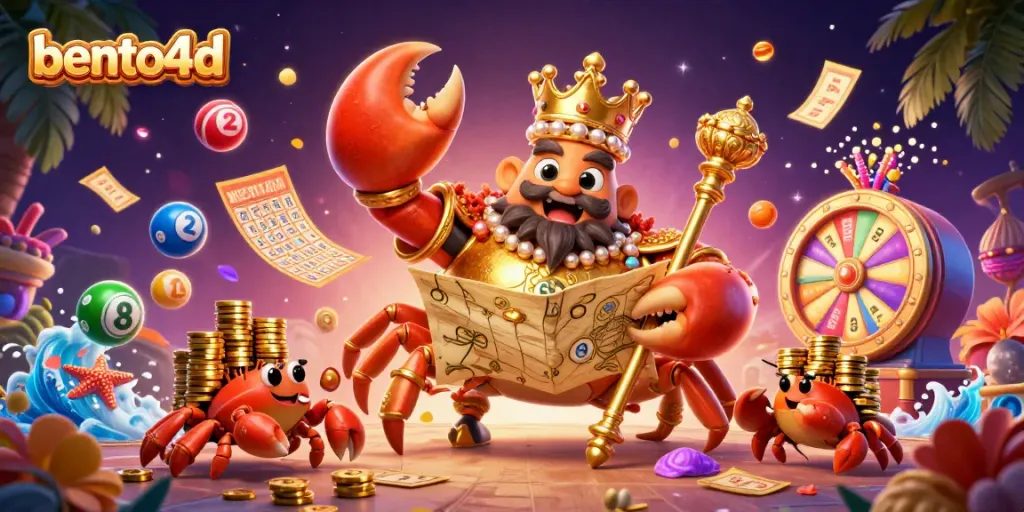 Bento4d’s exciting lottery scene featuring a golden crab emperor amidst vibrant game elements.