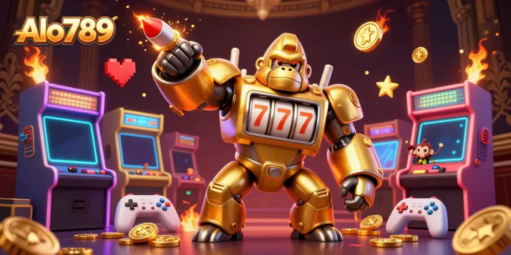 Alo789 showcases a golden gorilla mech amidst vibrant game elements, emphasizing thrilling casino action.