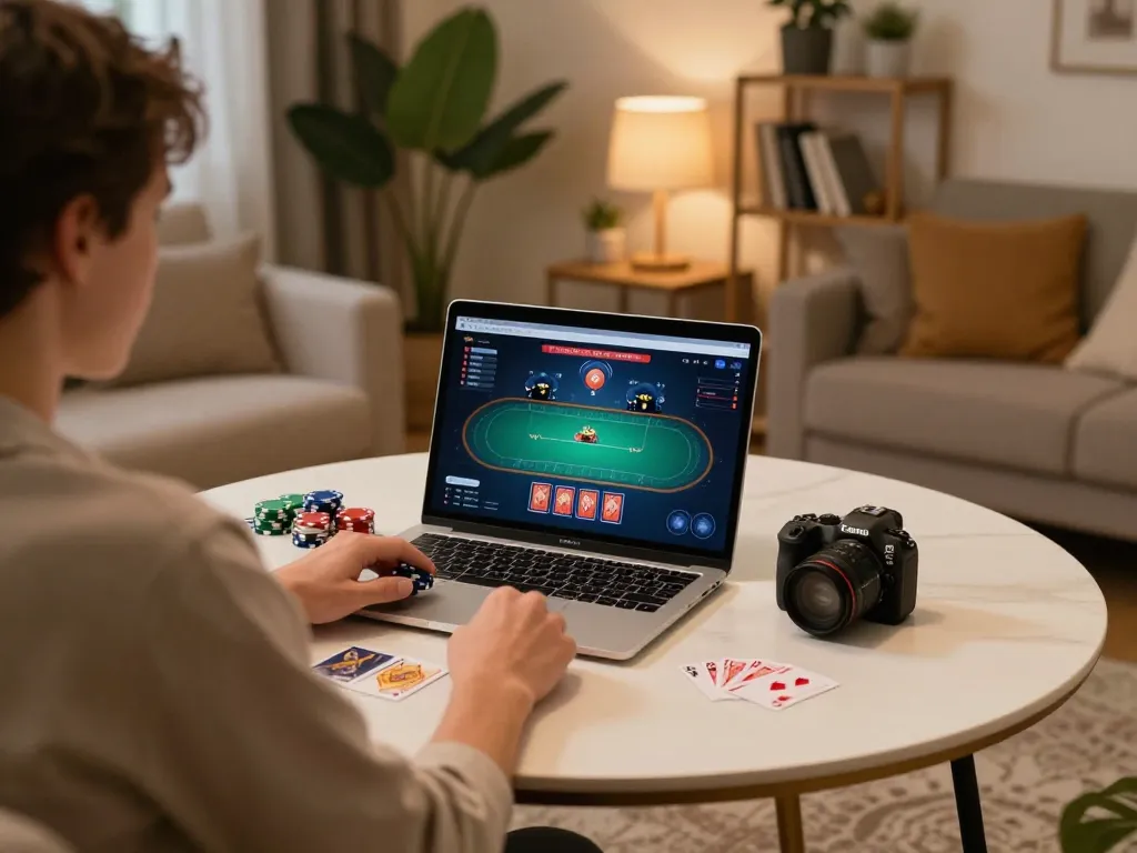 Engaging poker game scene on a laptop at home, featuring 789betcom, showcasing strategic gameplay.
