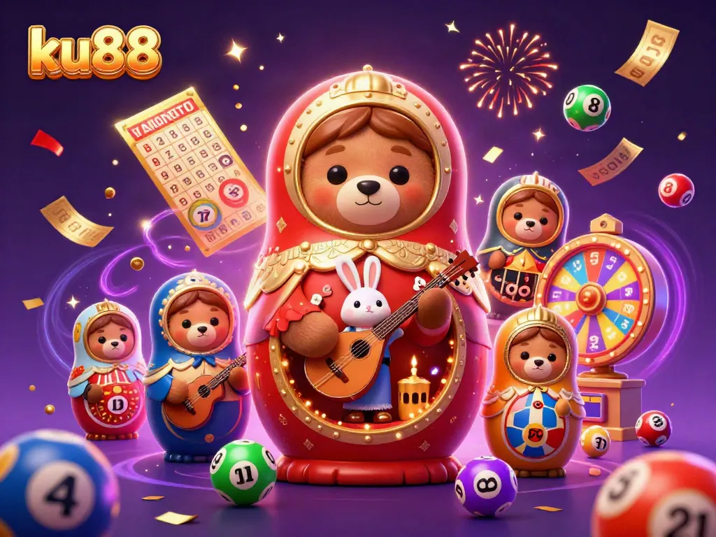 Engage with ku88's vibrant casino world featuring playful bears, games, and festive elements.