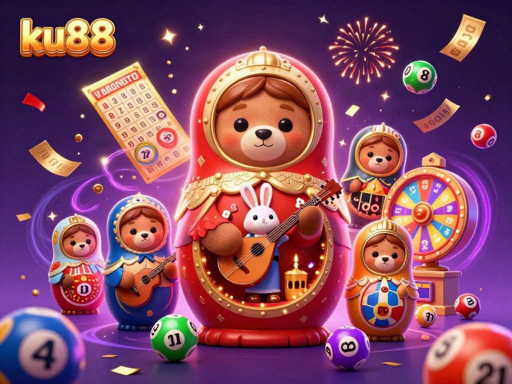 Engage with ku88's vibrant casino world featuring playful bears, games, and festive elements.