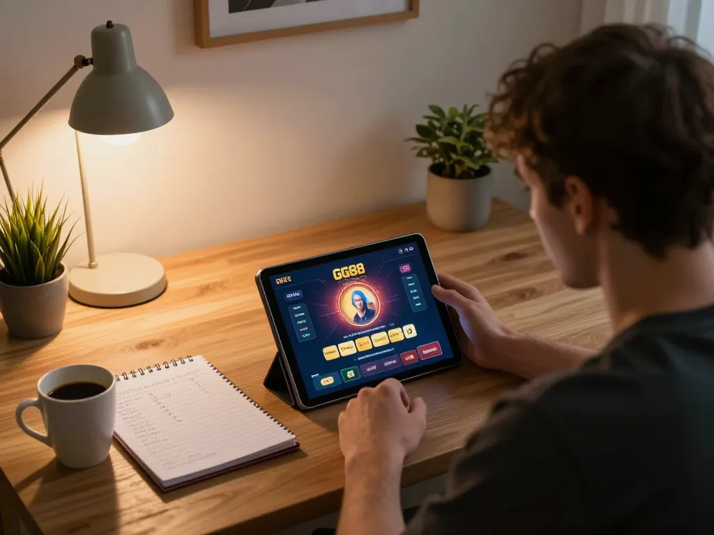Gamer enjoying GG88's online casino on tablet, surrounded by warm lighting and strategy notes.