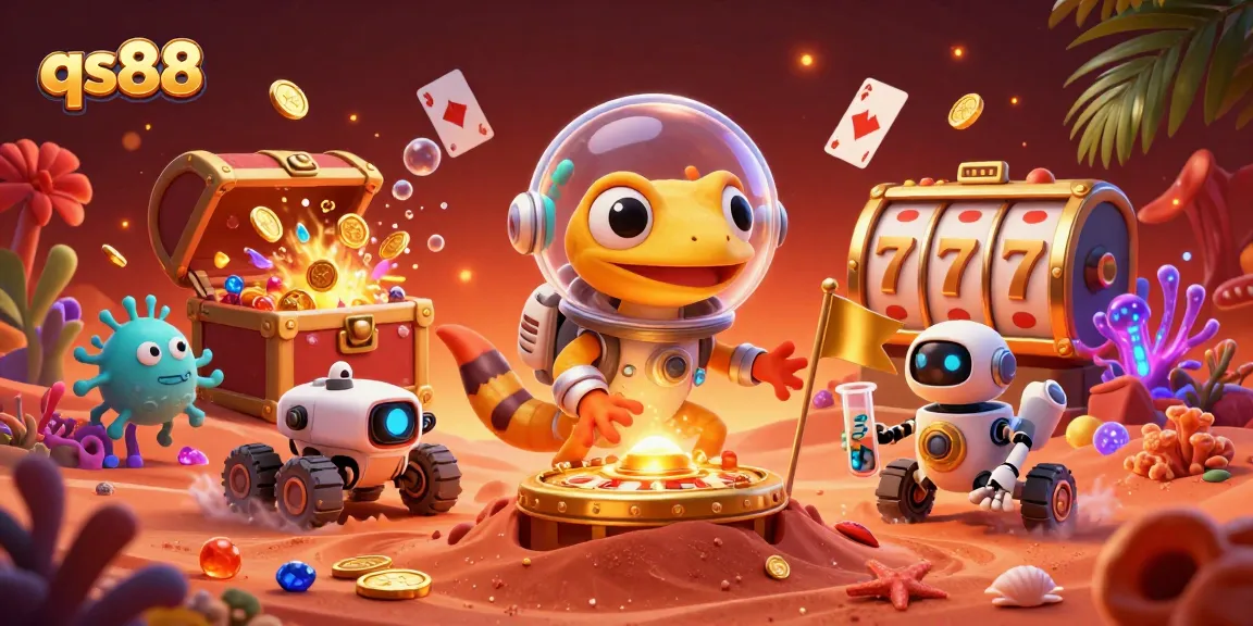 Experience the thrill of qs88 with a Martian gecko discovering a golden casino amidst vibrant game elements.
