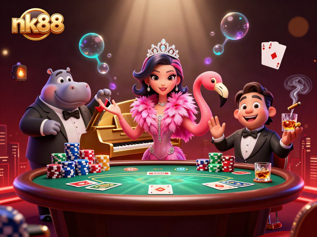 Engage in vibrant casino action with nk88, showcasing colorful poker chips and dynamic characters.