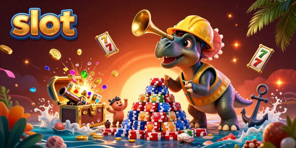 Explore slot machine excitement with a cartoon dinosaur scene celebrating jackpots.