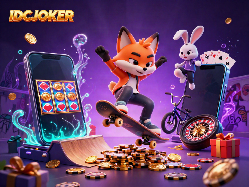 Engaging scene of a skateboarder fox and BMX rabbit celebrating IDCJOKER with casino-themed elements.