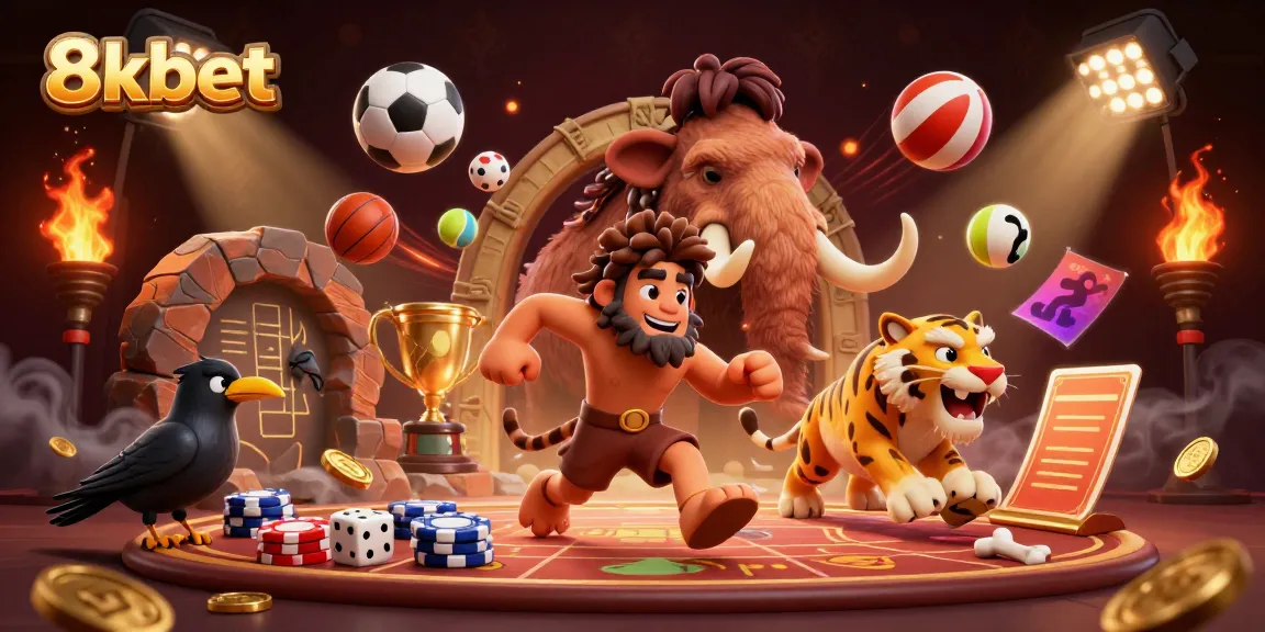 8xbet showcases a lively prehistoric casino scene featuring a caveman duo and a clever crow amidst vibrant sports elements.